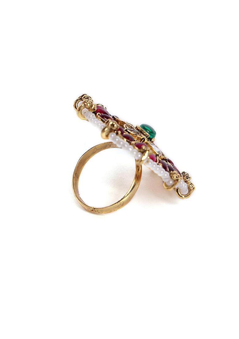 Gold Plated Stone Studded and Beaded Adjustable Finger Ring