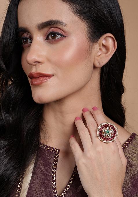 Gold Plated Stone Studded and Beaded Adjustable Finger Ring