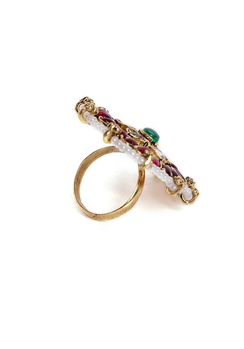Gold Plated Stone Studded and Beaded Adjustable Finger Ring