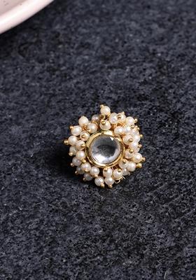 Gold Plated Kundan Studded and Beaded Finger Ring