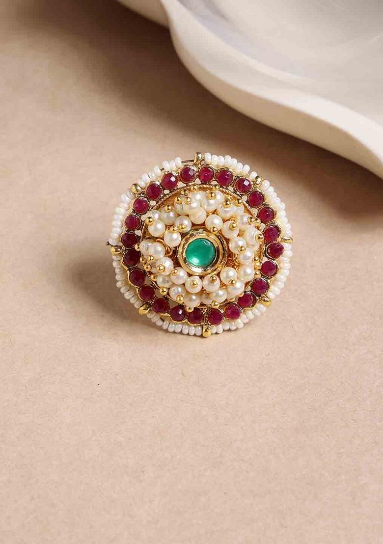 Gold Plated Stone Studded and Beaded Adjustable Finger Ring