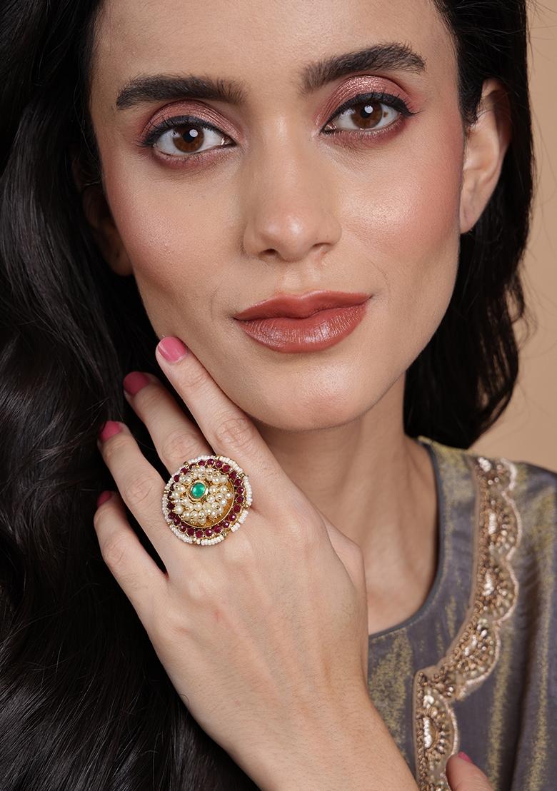 Gold Plated Stone Studded and Beaded Adjustable Finger Ring