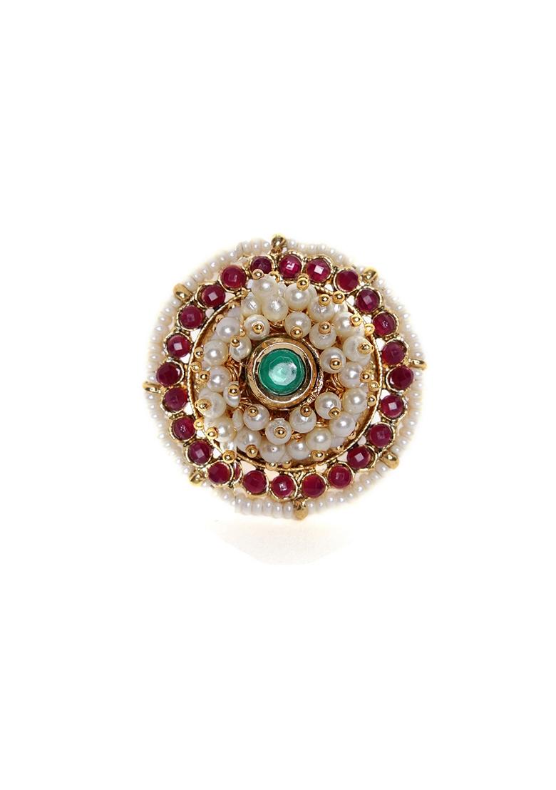 Gold Plated Stone Studded and Beaded Adjustable Finger Ring