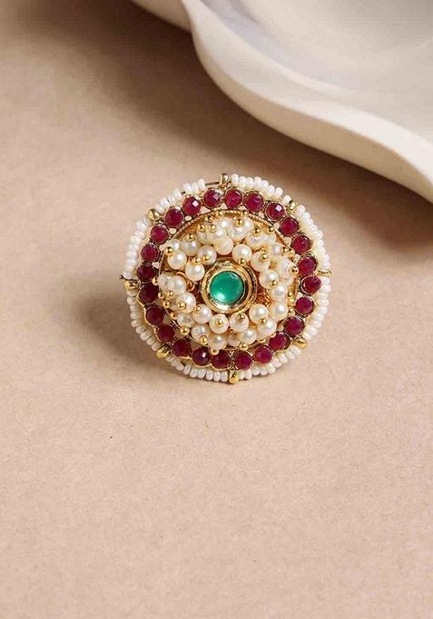 Gold Plated Stone Studded and Beaded Adjustable Finger Ring