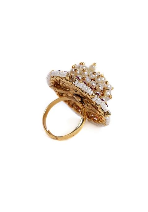 Gold Plated Stone Studded and Beaded Adjustable Finger Ring