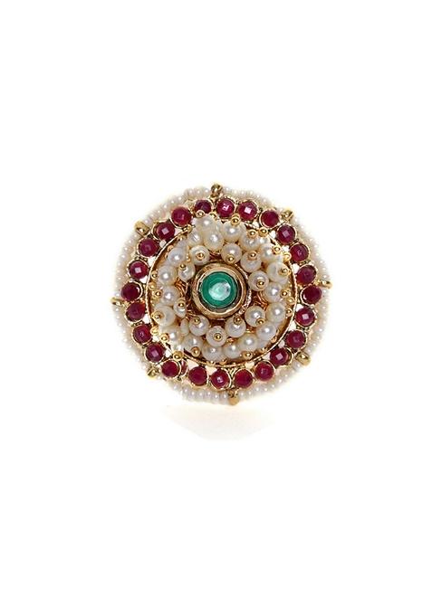 Gold Plated Stone Studded and Beaded Adjustable Finger Ring