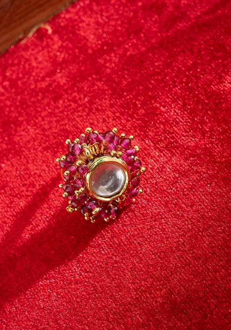 Gold Plated Kundan Studded And Beaded Finger Ring