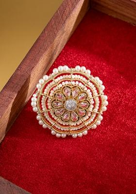 Gold Plated Kundan Studded And Beaded Finger Ring