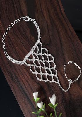 Women Silver Toned Silver Plated Crystal Studded Ring Bracelet