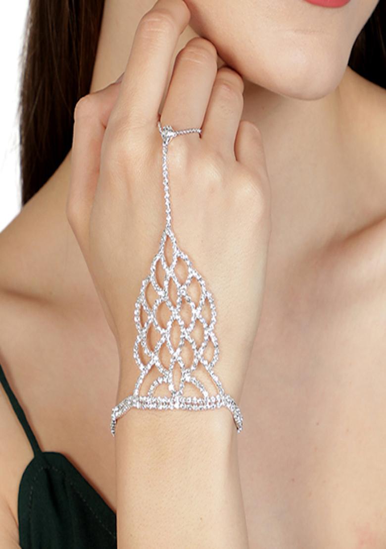 Women Silver Toned Silver Plated Crystal Studded Ring Bracelet - Indya