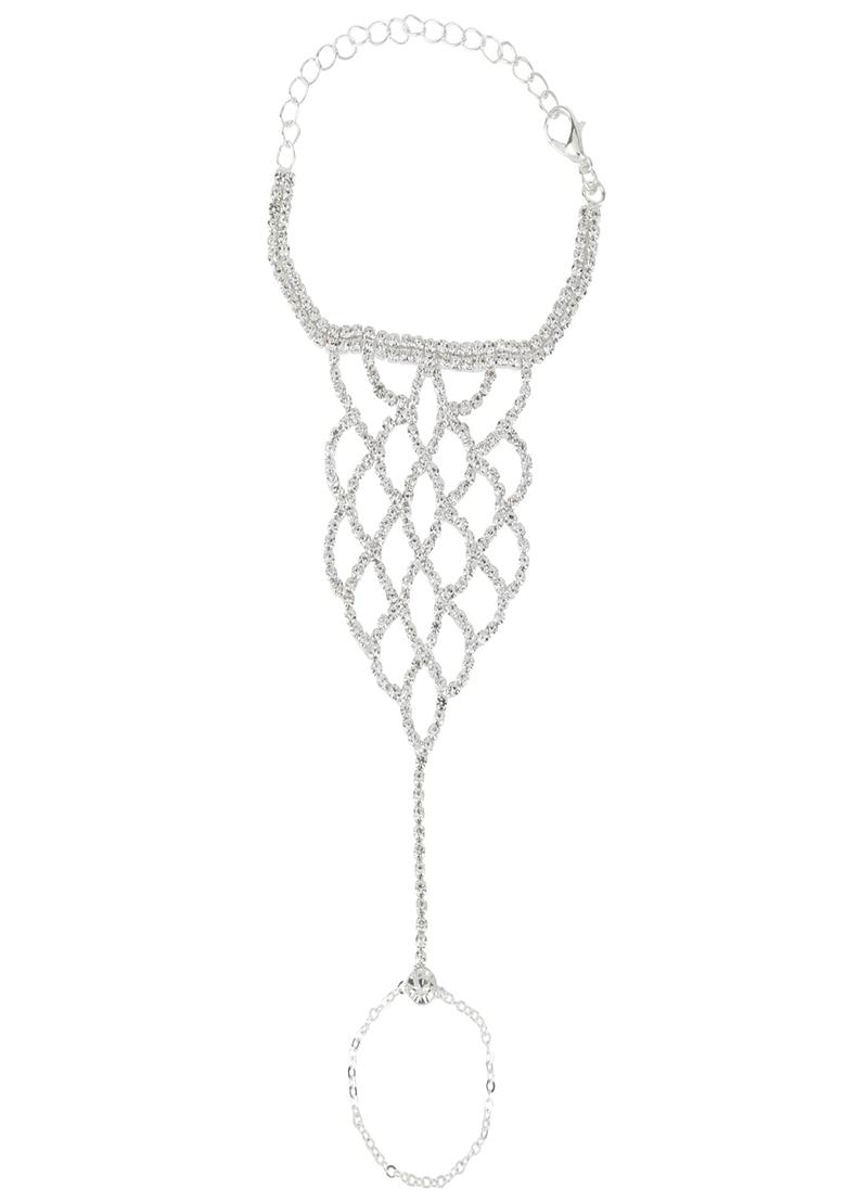 Women Silver Toned Silver Plated Crystal Studded Ring Bracelet - Indya