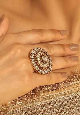 Gold Plated Floral Kundan Studded Finger Ring