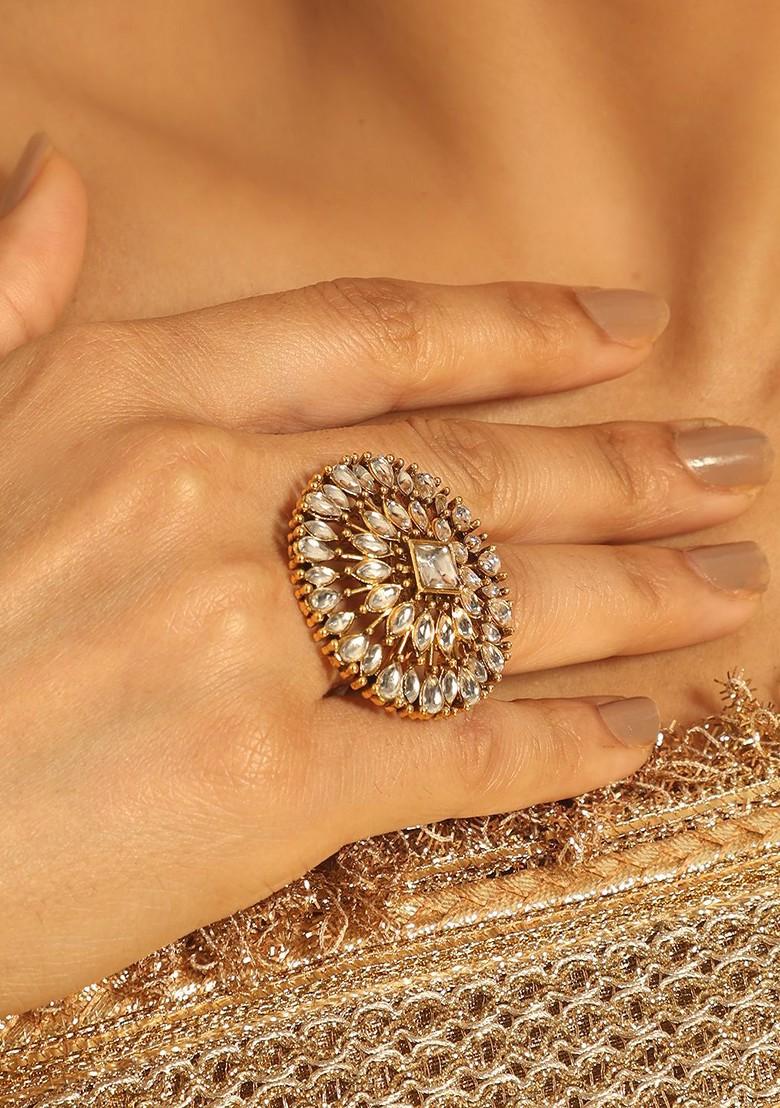 Gold Plated Floral Kundan Studded Finger Ring - Indya