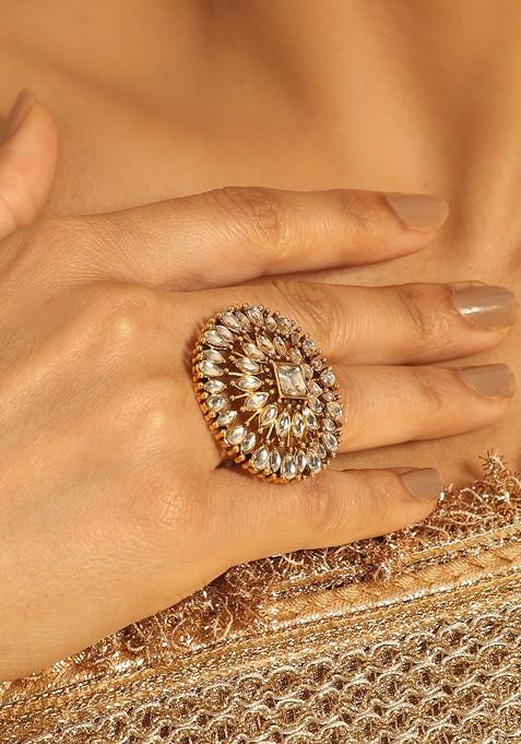 Gold Plated Floral Kundan Studded Finger Ring