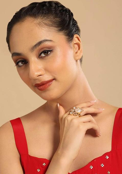 Gold Plated American Diamond Pearls Studded Adjustable Finger Ring