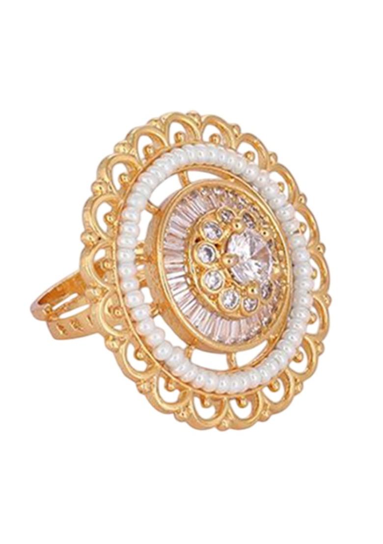 Gold Plated American Diamond Pearls Studded Adjustable Finger Ring - Indya