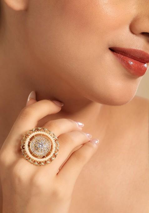 Gold Plated American Diamond Pearls Studded Adjustable Finger Ring