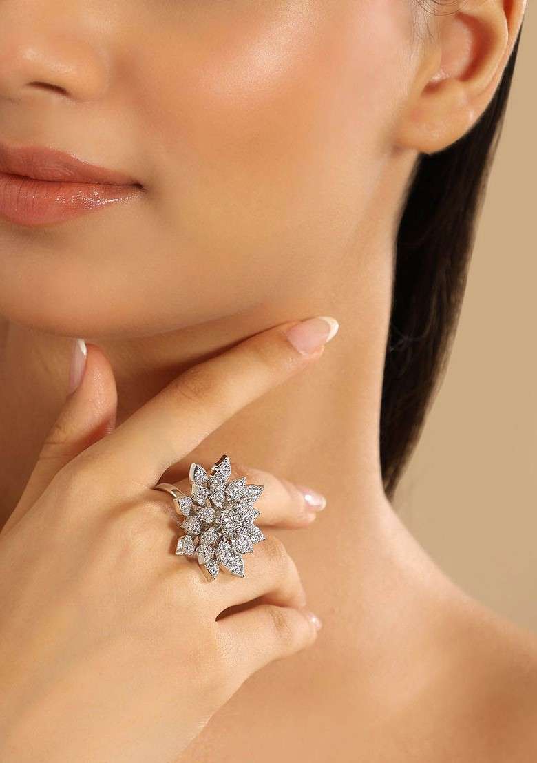 Rhodium Plated Cubic Zirconia Studded Adjustable Finger Ring - Indya