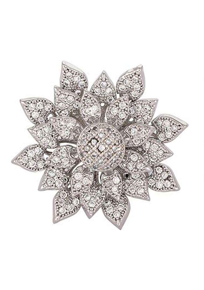 Rhodium Plated Cubic Zirconia Studded Adjustable Finger Ring - Indya