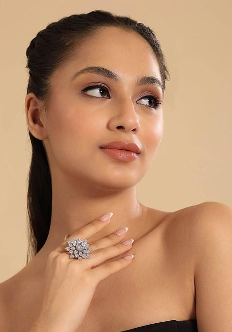 Rhodium Plated Cubic Zirconia Studded Adjustable Finger Ring