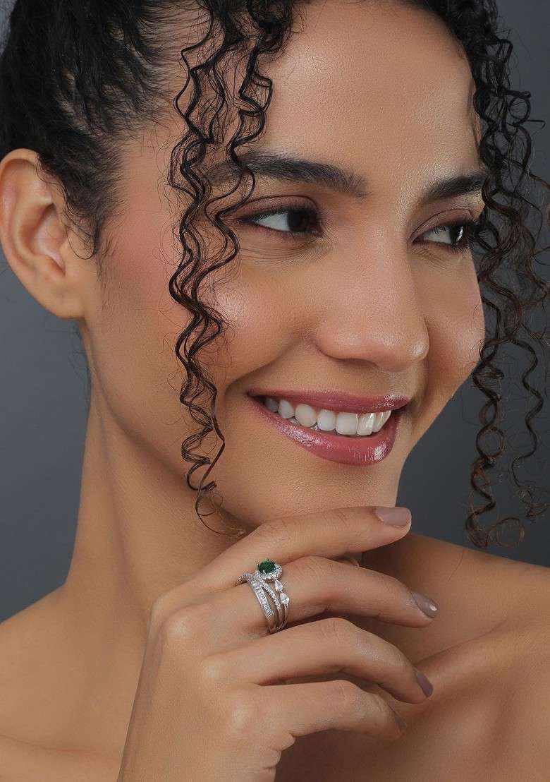 Rhodium Plated Cubic Zirconia Studded Finger Ring - Indya