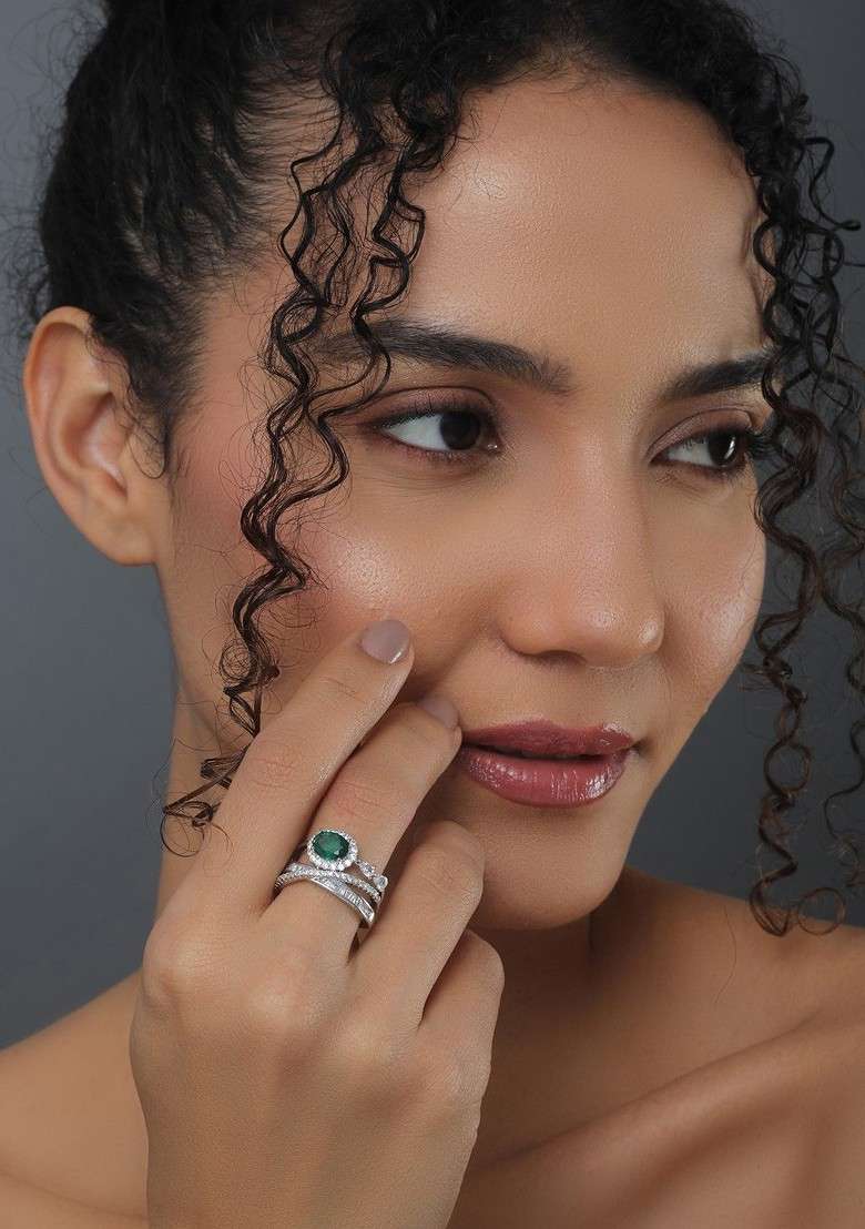 Rhodium Plated Cubic Zirconia Studded Finger Ring - Indya
