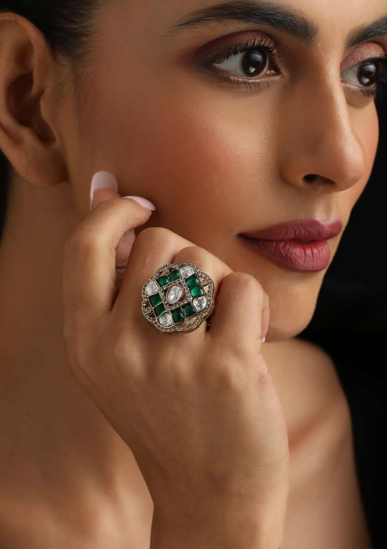 Green Polki Brass Rings - Indya