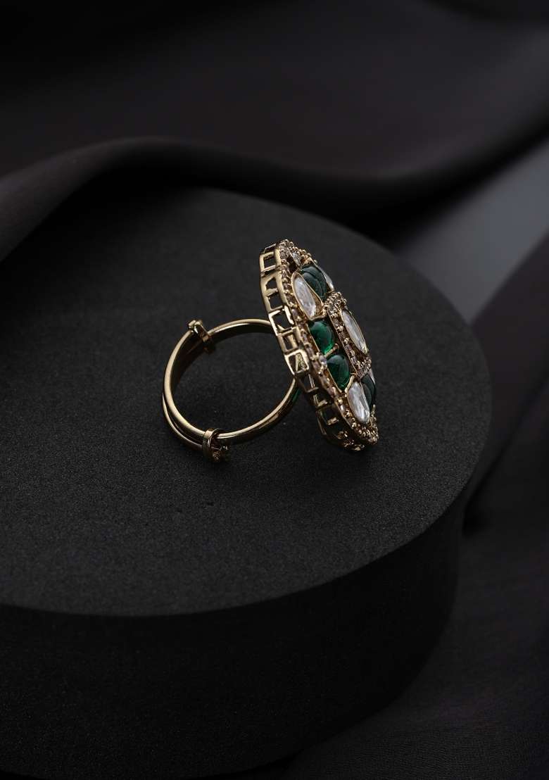 Green Polki Brass Rings - Indya