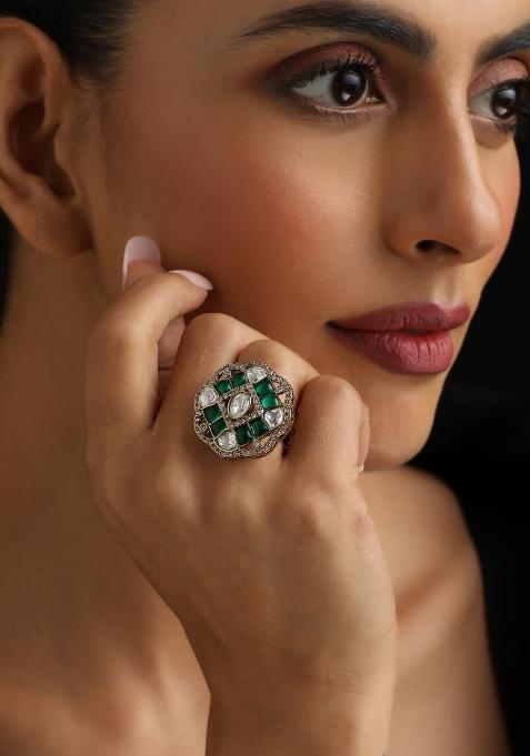 Green Polki Brass Rings