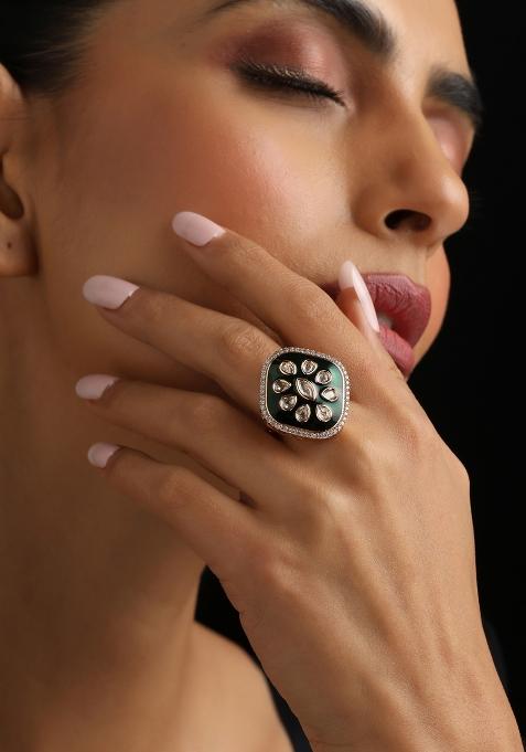 Green Polki Brass Rings