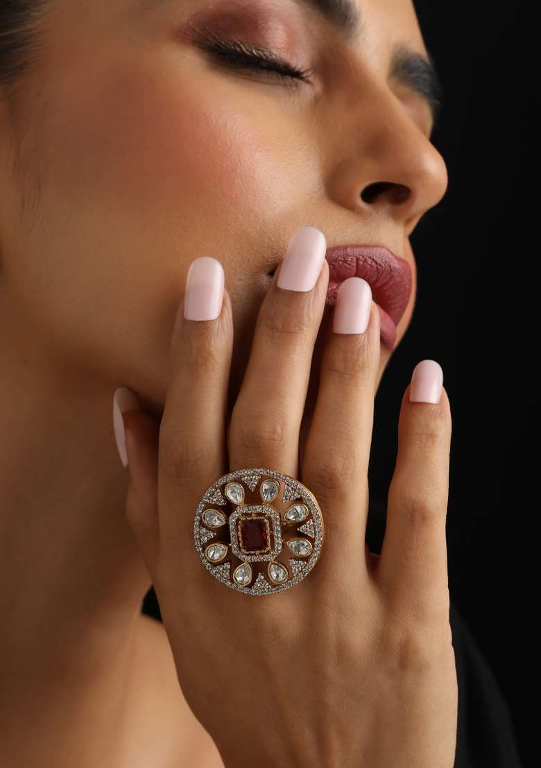 Red Polki Brass Rings - Indya