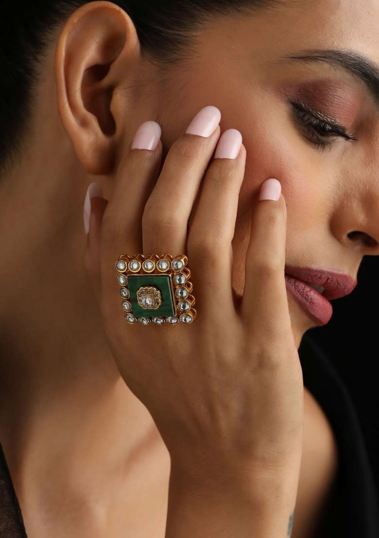 Green Polki Brass Rings - Indya