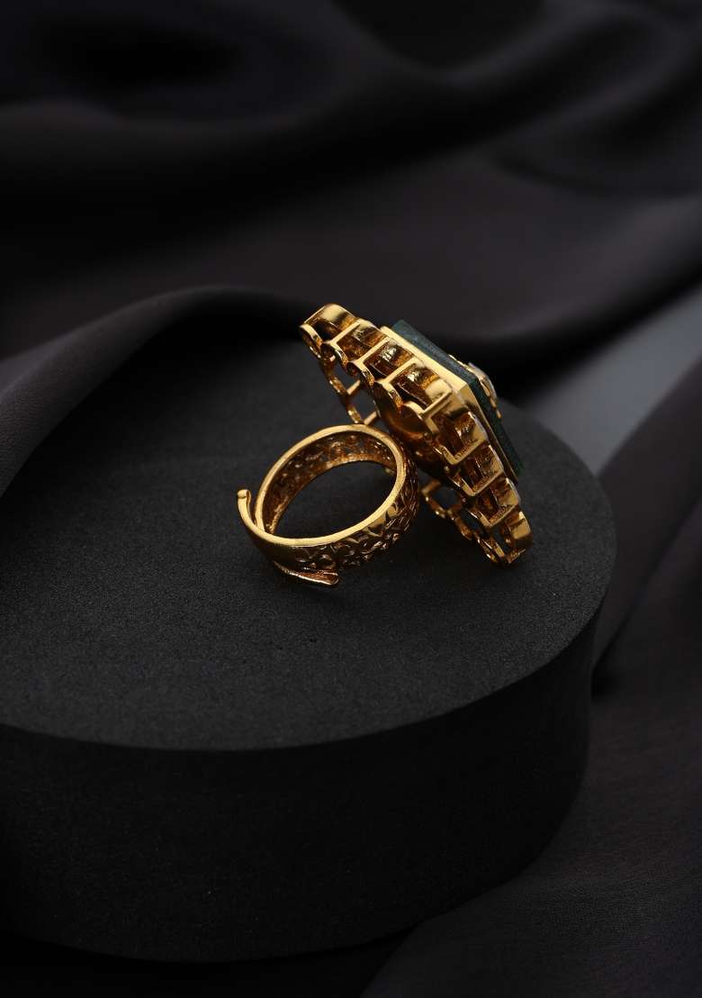 Green Polki Brass Rings - Indya