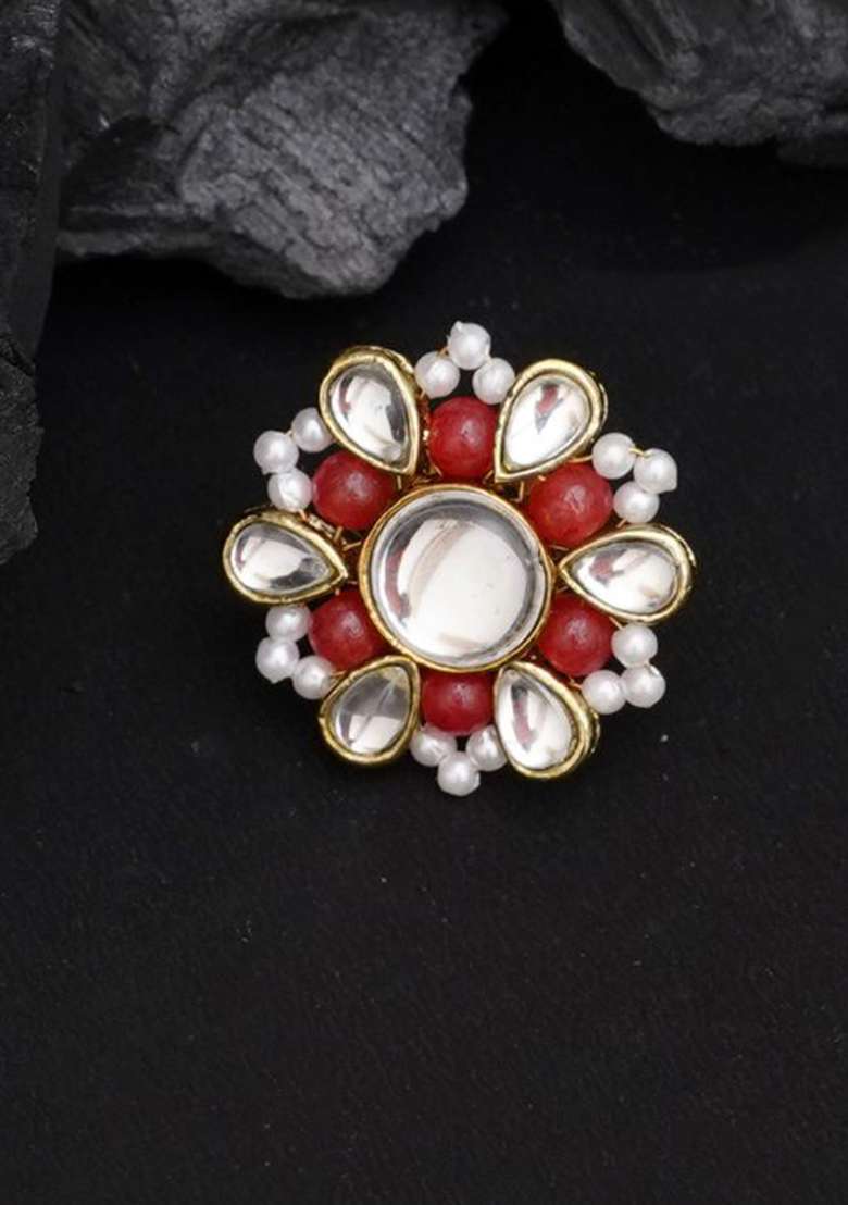 Orange Glass Kundan Mixed Alloy Rings - Indya