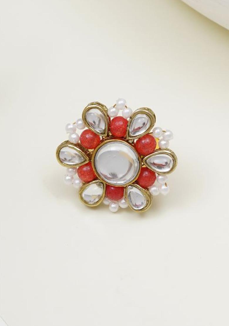 Orange Glass Kundan Mixed Alloy Rings - Indya