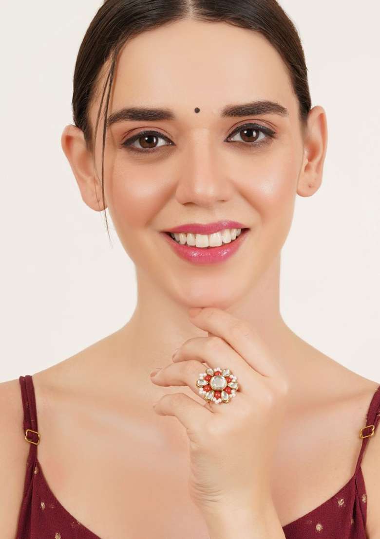 Orange Glass Kundan Mixed Alloy Rings - Indya