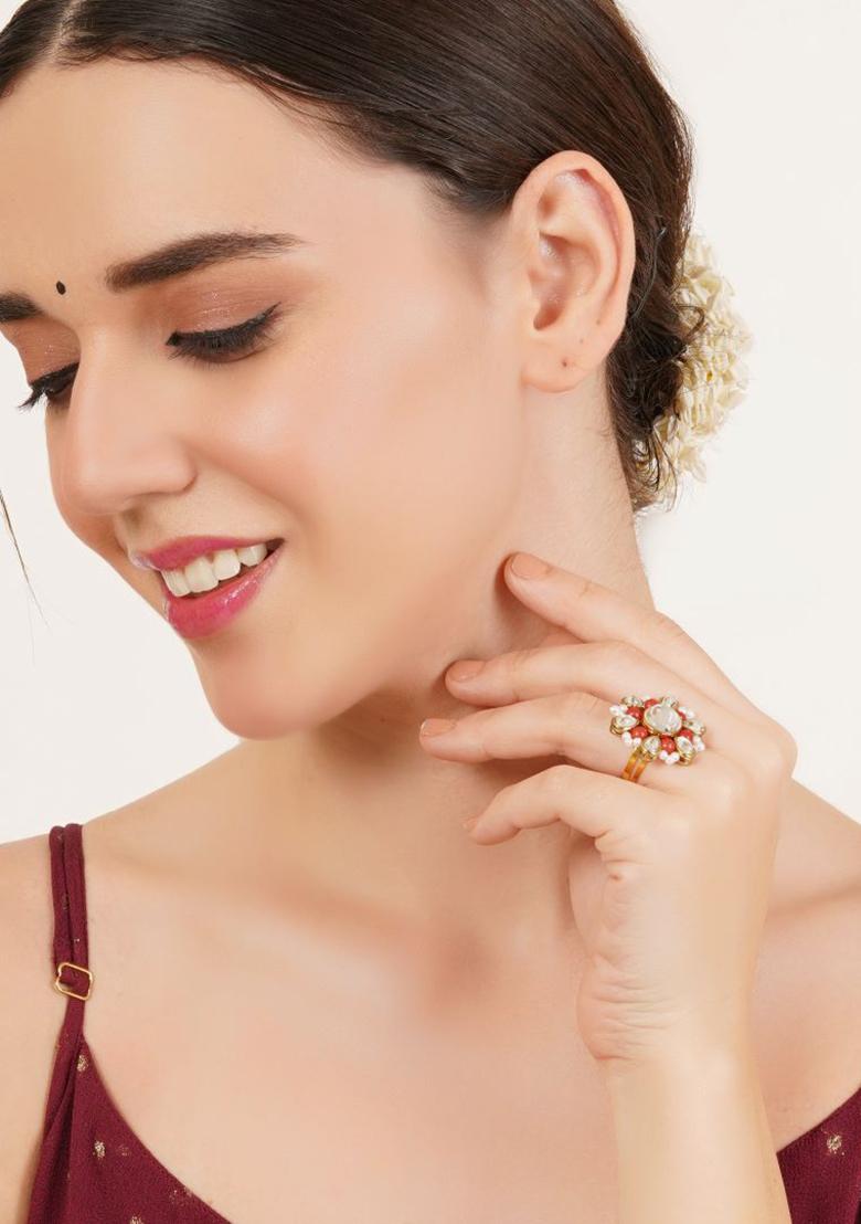 Orange Glass Kundan Mixed Alloy Rings - Indya