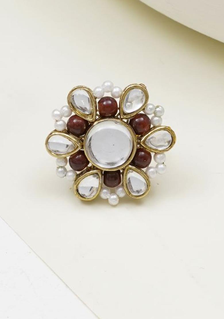 Brown Glass Kundan Mixed Alloy Rings - Indya