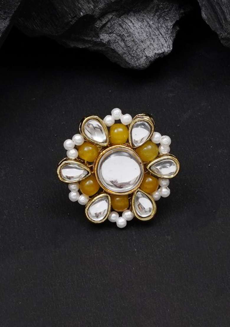 Yellow Glass Kundan Mixed Alloy Rings - Indya