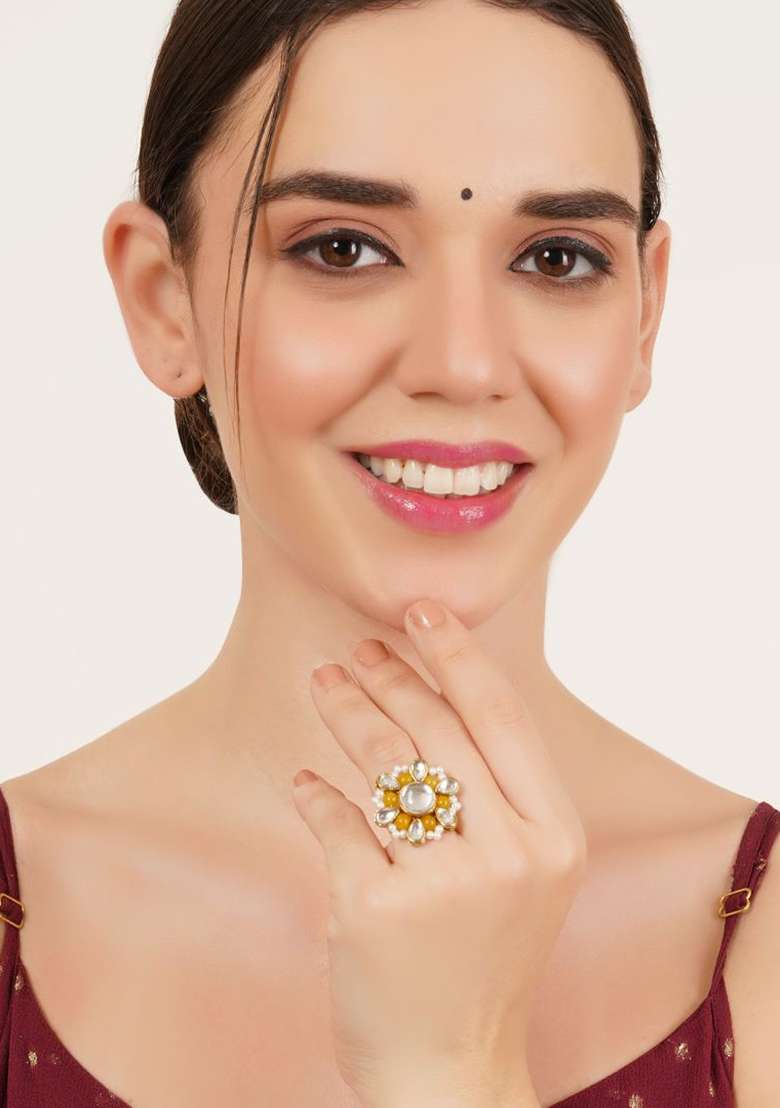 Yellow Glass Kundan Mixed Alloy Rings - Indya