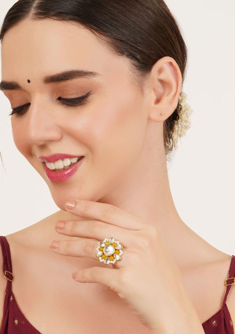 Yellow Glass Kundan Mixed Alloy Rings - Indya