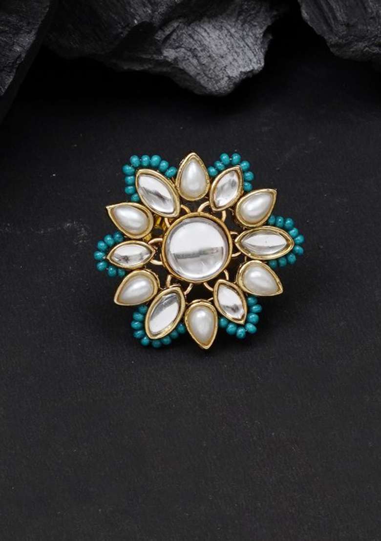 Green Glass Kundan Mixed Alloy Rings - Indya