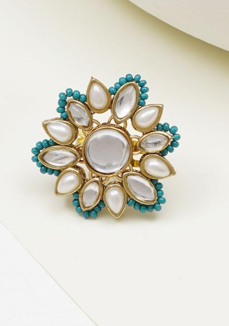 Green Glass Kundan Mixed Alloy Rings - Indya