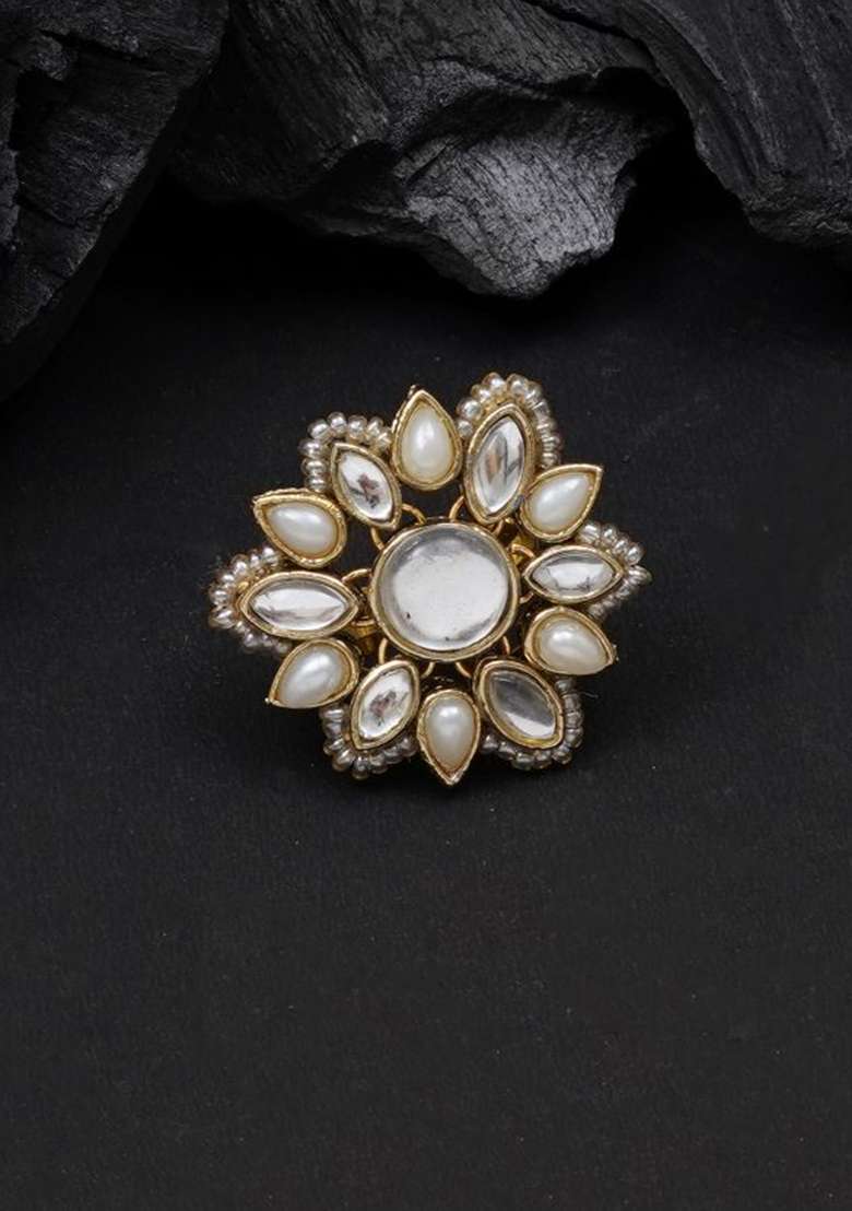 White Glass Kundan Mixed Alloy Rings - Indya