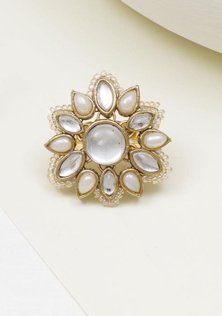 White Glass Kundan Mixed Alloy Rings - Indya