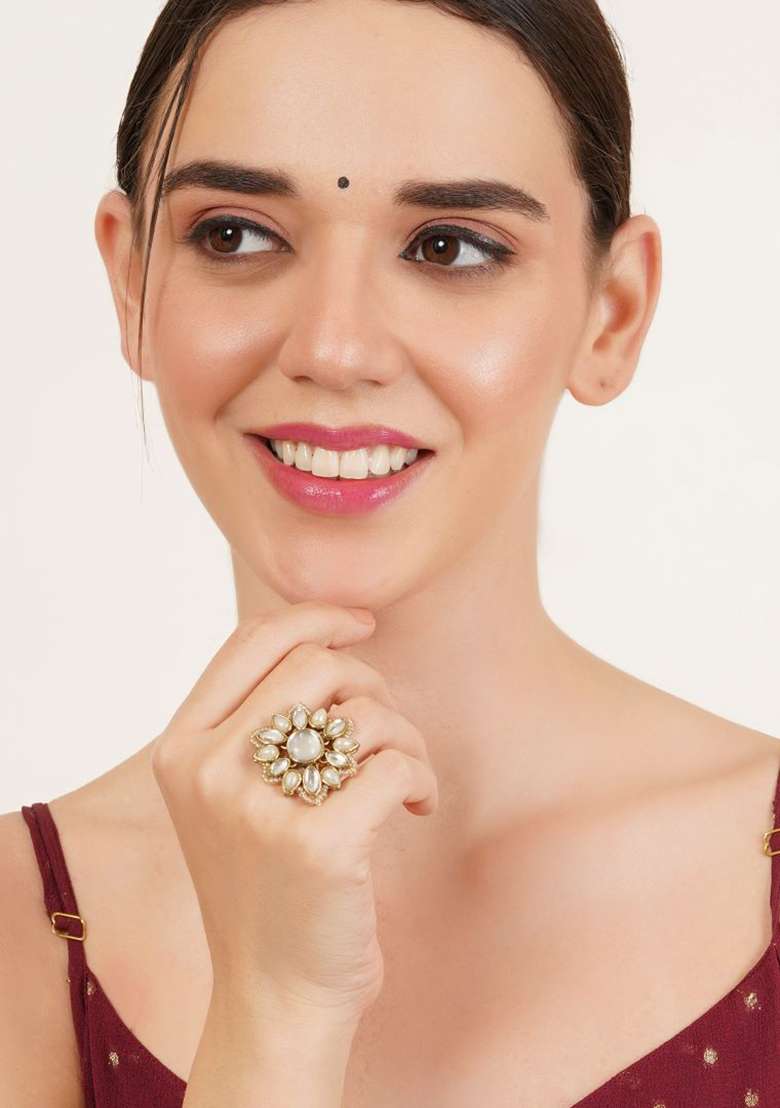 White Glass Kundan Mixed Alloy Rings - Indya