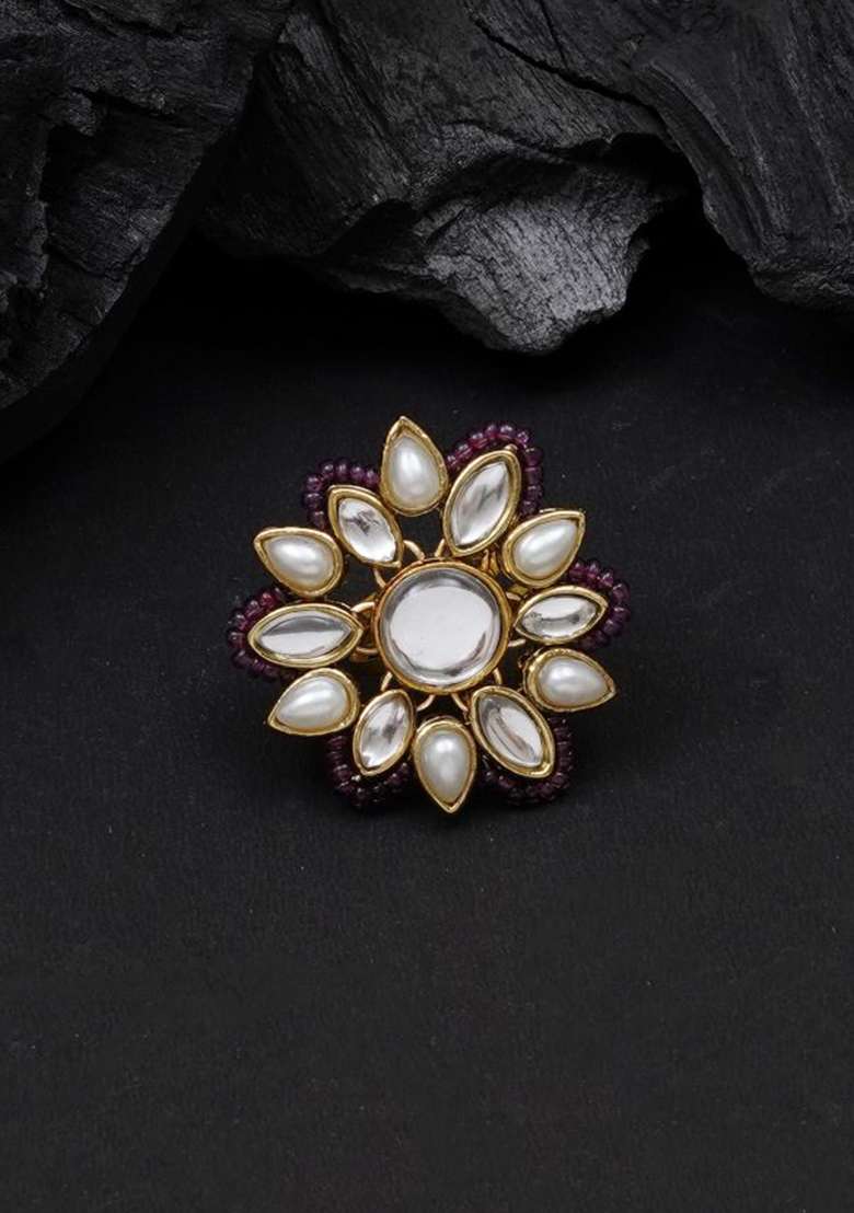 Purple Glass Kundan Mixed Alloy Rings - Indya