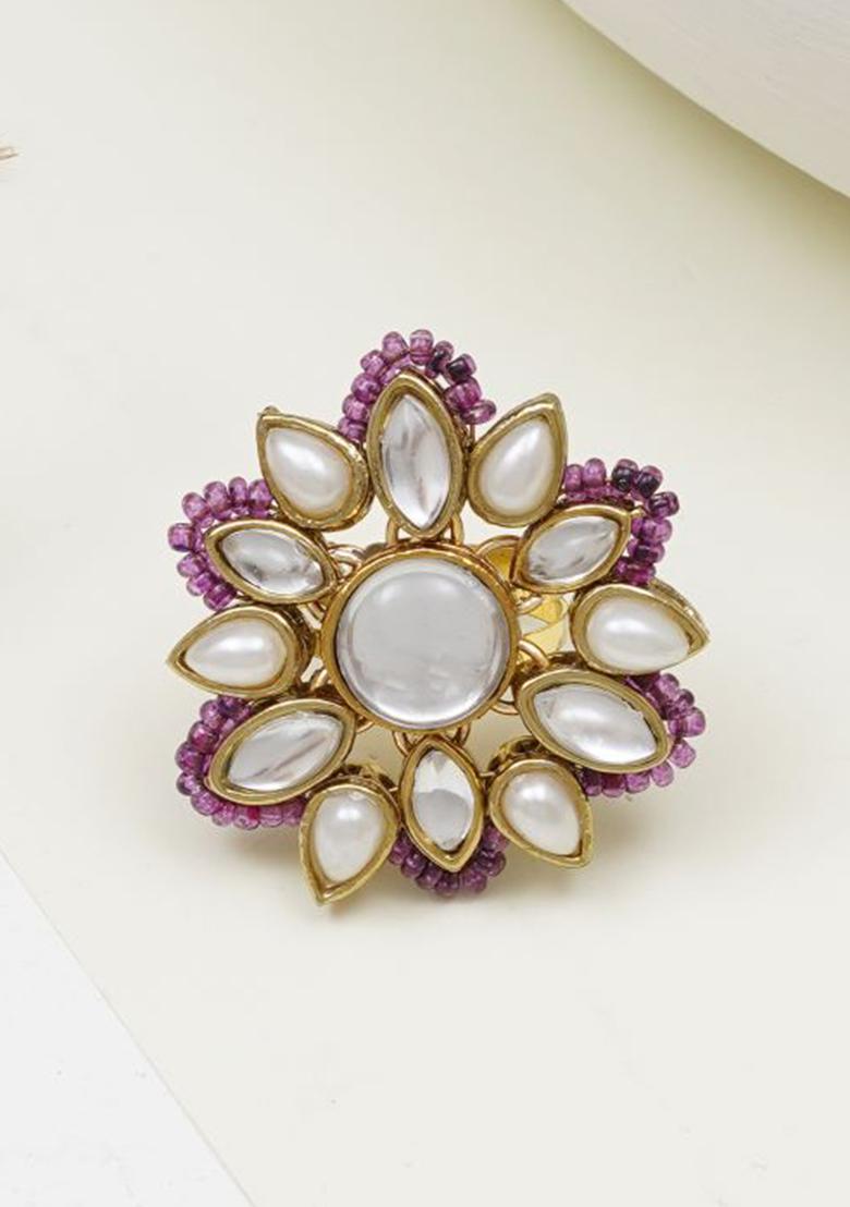 Purple Glass Kundan Mixed Alloy Rings - Indya