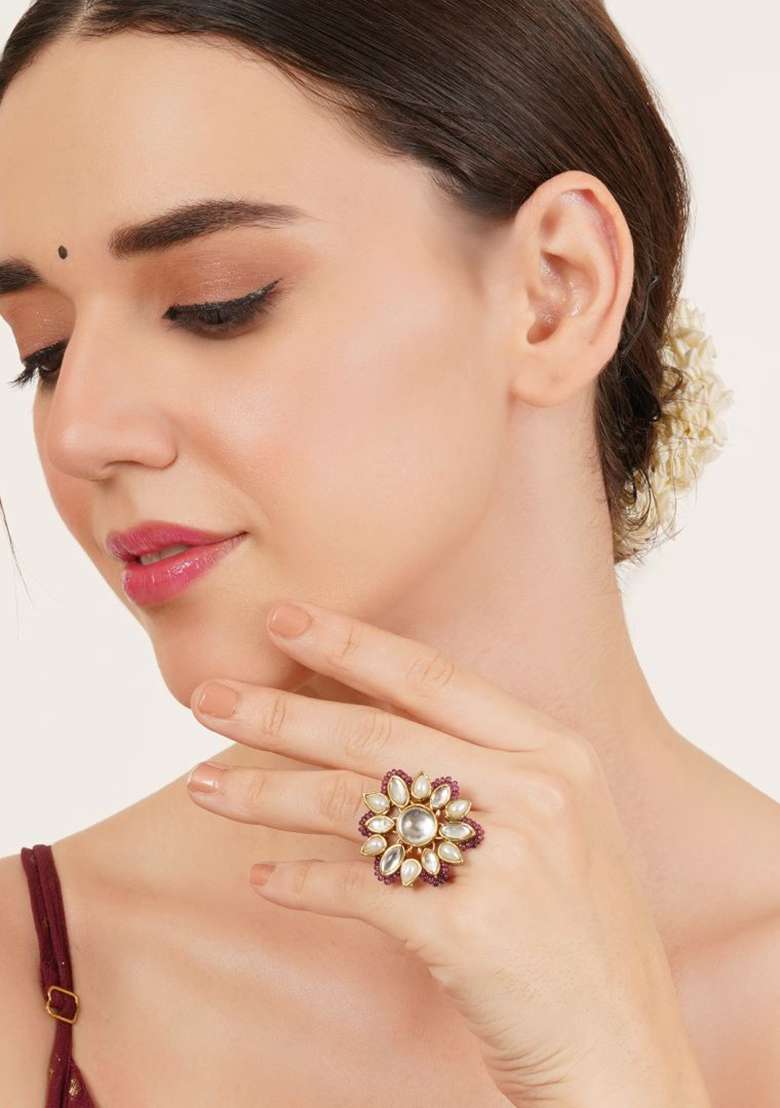 Purple Glass Kundan Mixed Alloy Rings - Indya