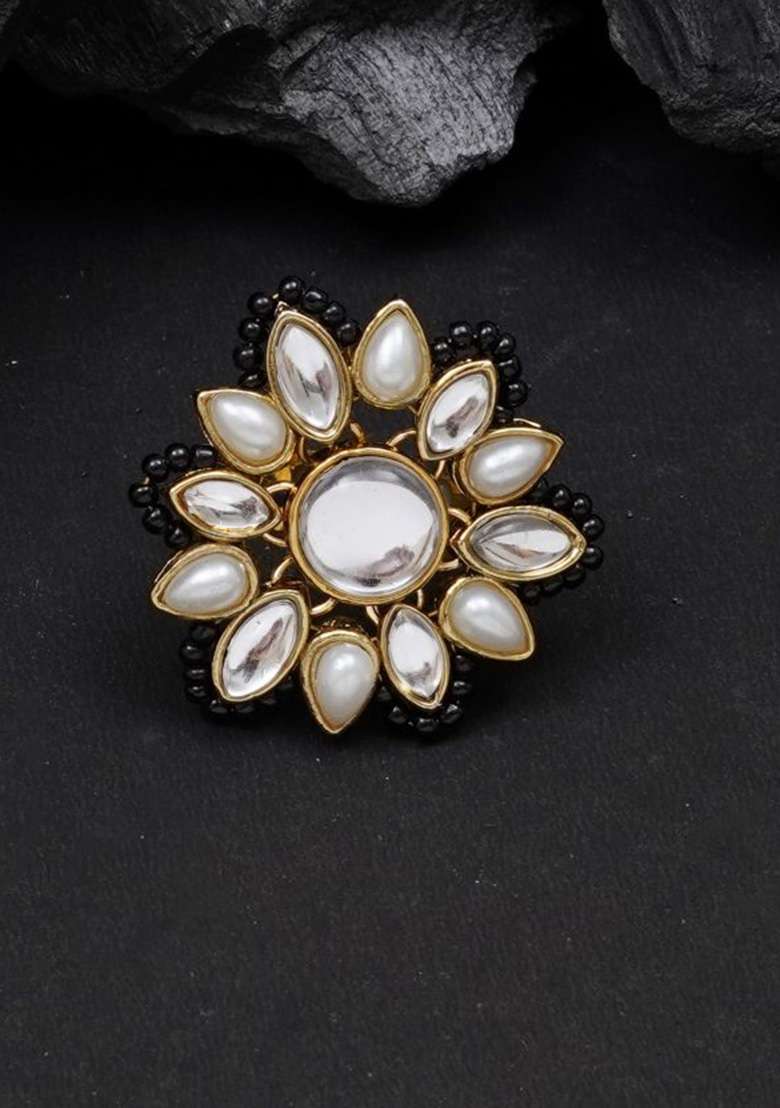 Black Glass Kundan Mixed Alloy Rings - Indya
